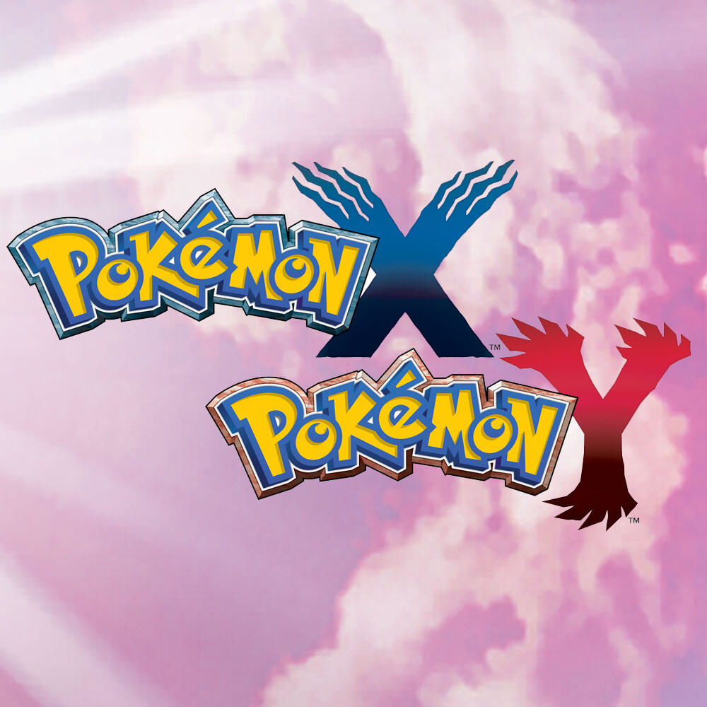Loghi Pokémon X e Y. X blu e Y rosso su sfondo rosa nuvoloso.