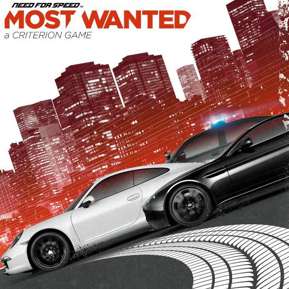 Biały i czarny samochód sportowy pędzi przez miasto. Widoczny jest tytuł gry Need for Speed Most Wanted.