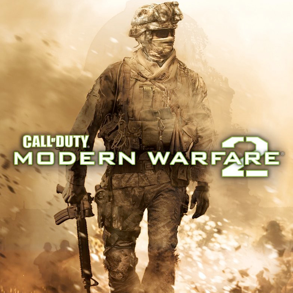 Okładka Call of Duty Modern Warfare 2. Żołnierz z bronią w ekwipunku bojowym. Zadymione tło.