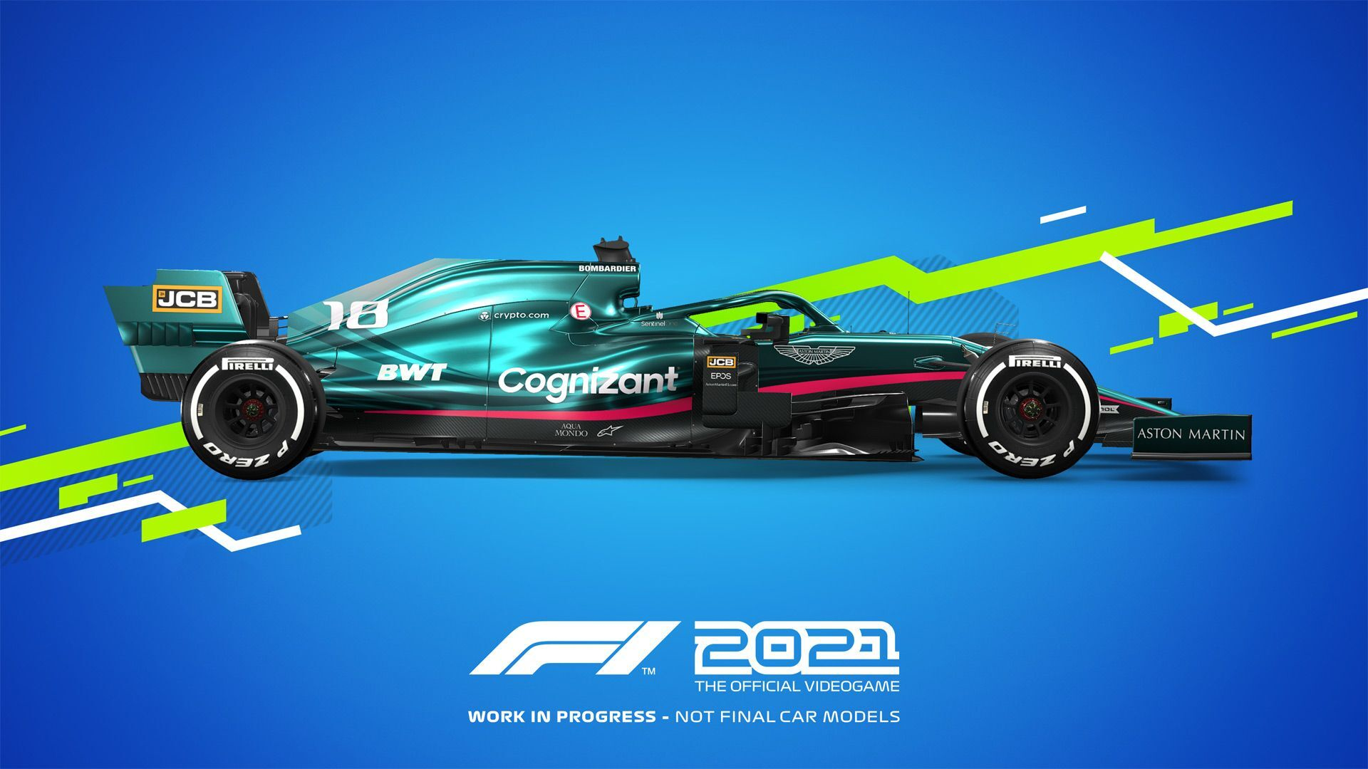 Zielono-czarny samochód F1 na niebieskim tle. Logo F1 2021 na dole. W toku.
