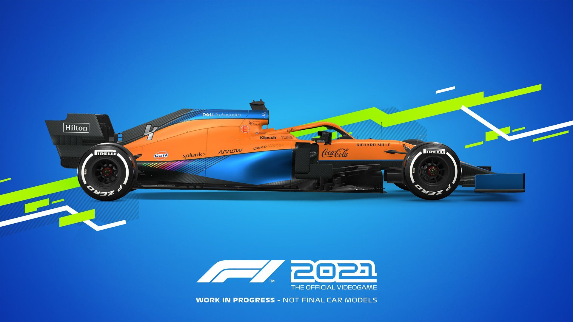 Pomarańczowo-niebieski samochód F1 na niebieskim tle. Logo F1 2021 na dole. W toku.