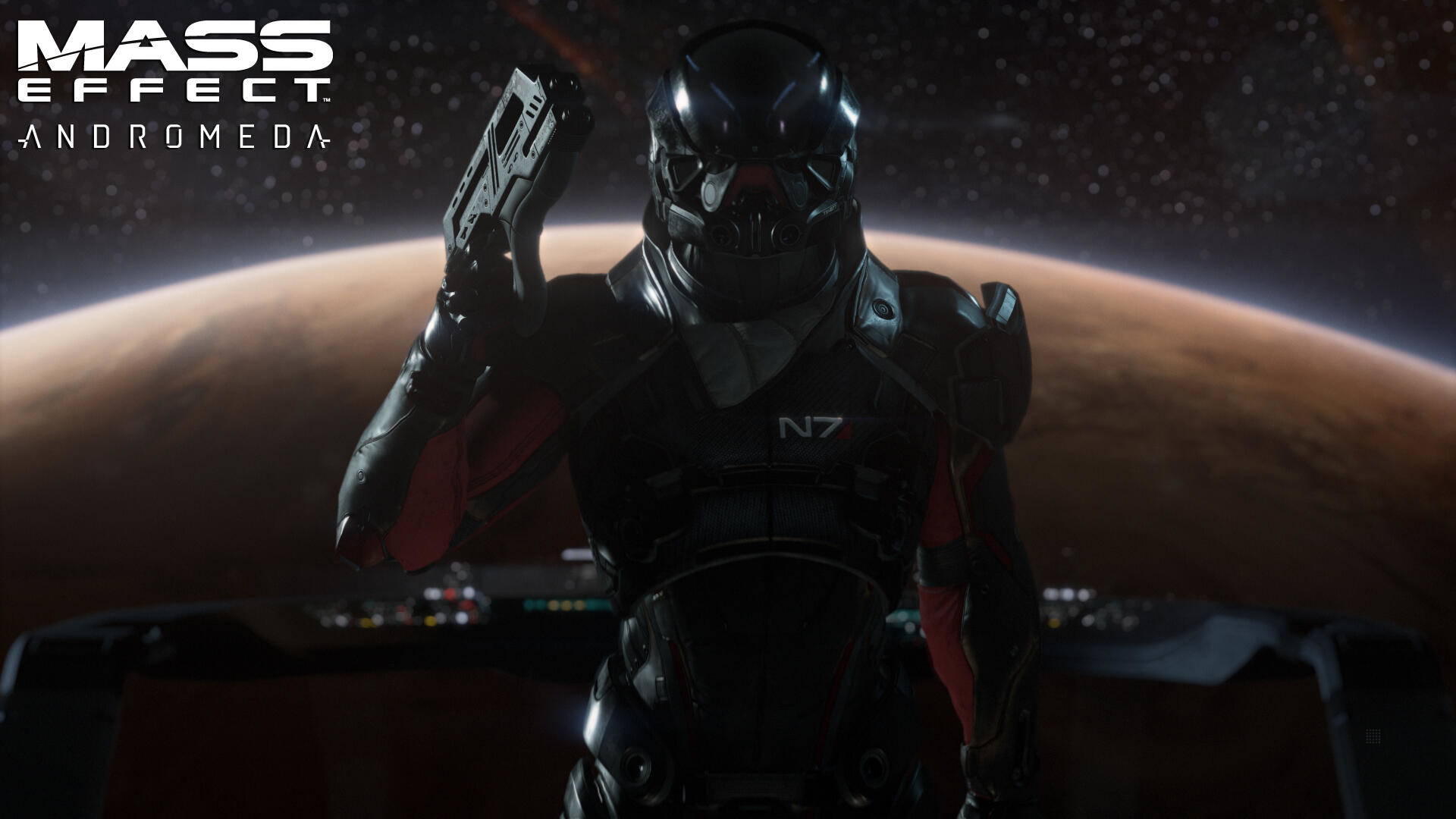 Copertina di Mass Effect: Andromeda. Un soldato con elmetto e armatura, che tiene un'arma nello spazio.