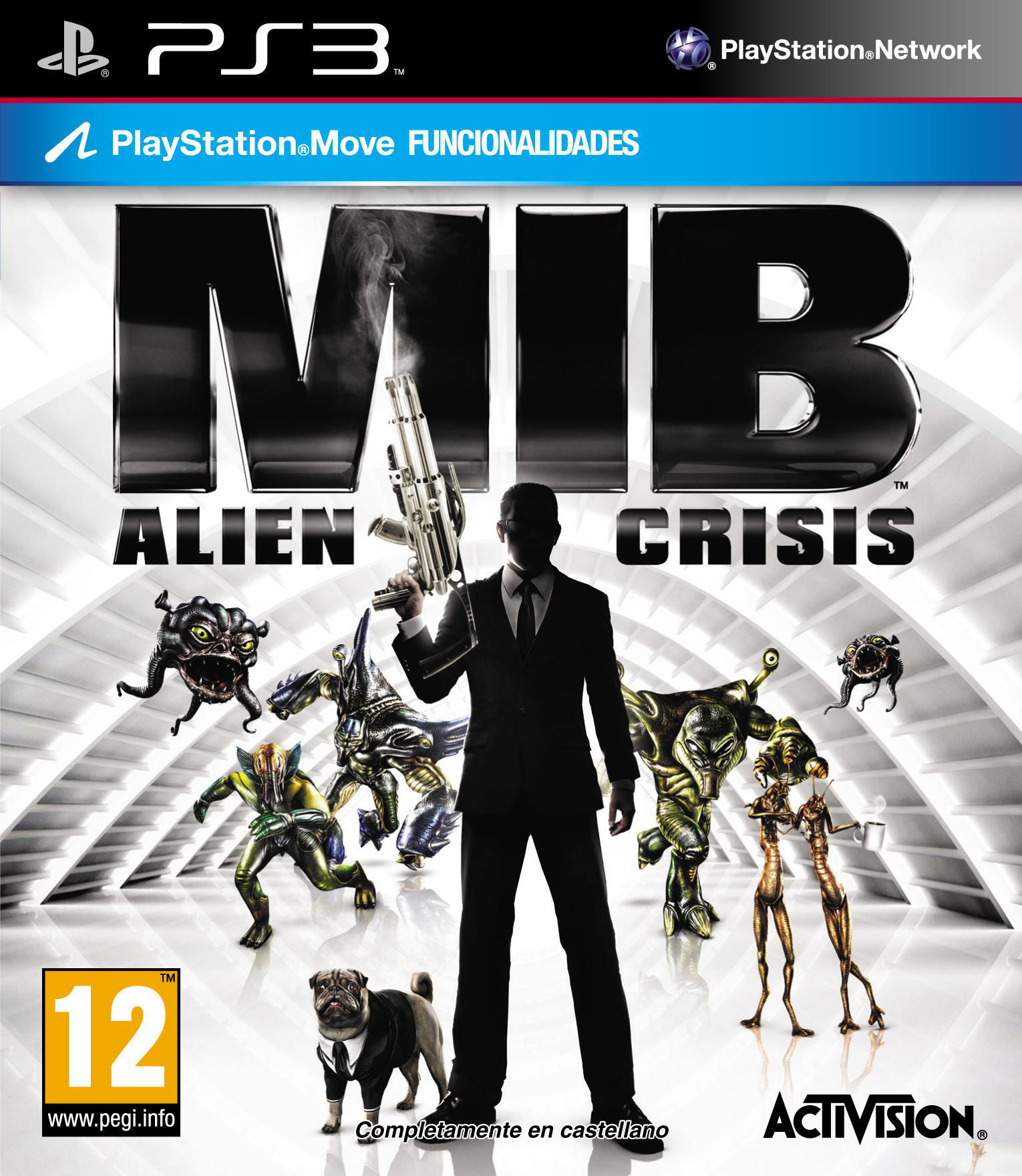 Okładka gry MIB Alien Crisis. Mężczyzna z bronią, otoczony przez kosmitów. Tytuł gry.