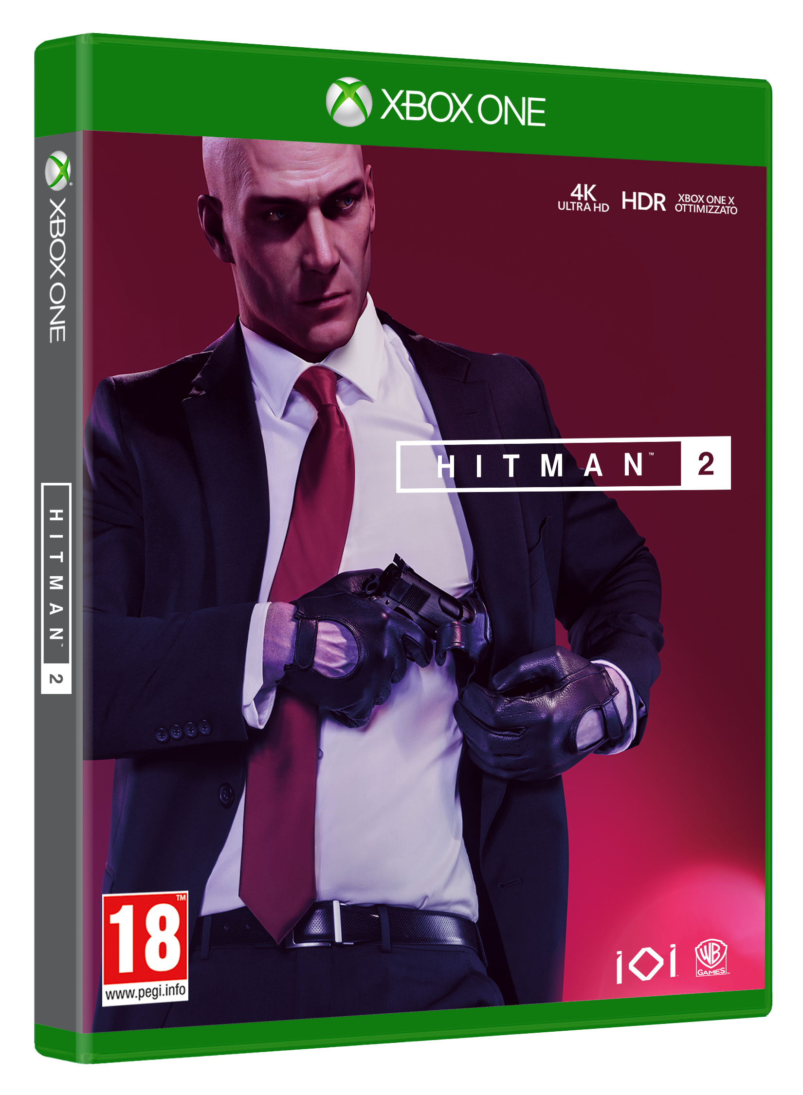 Scatola del gioco Hitman 2, uomo calvo in abito con pistola, sfondo rosso.