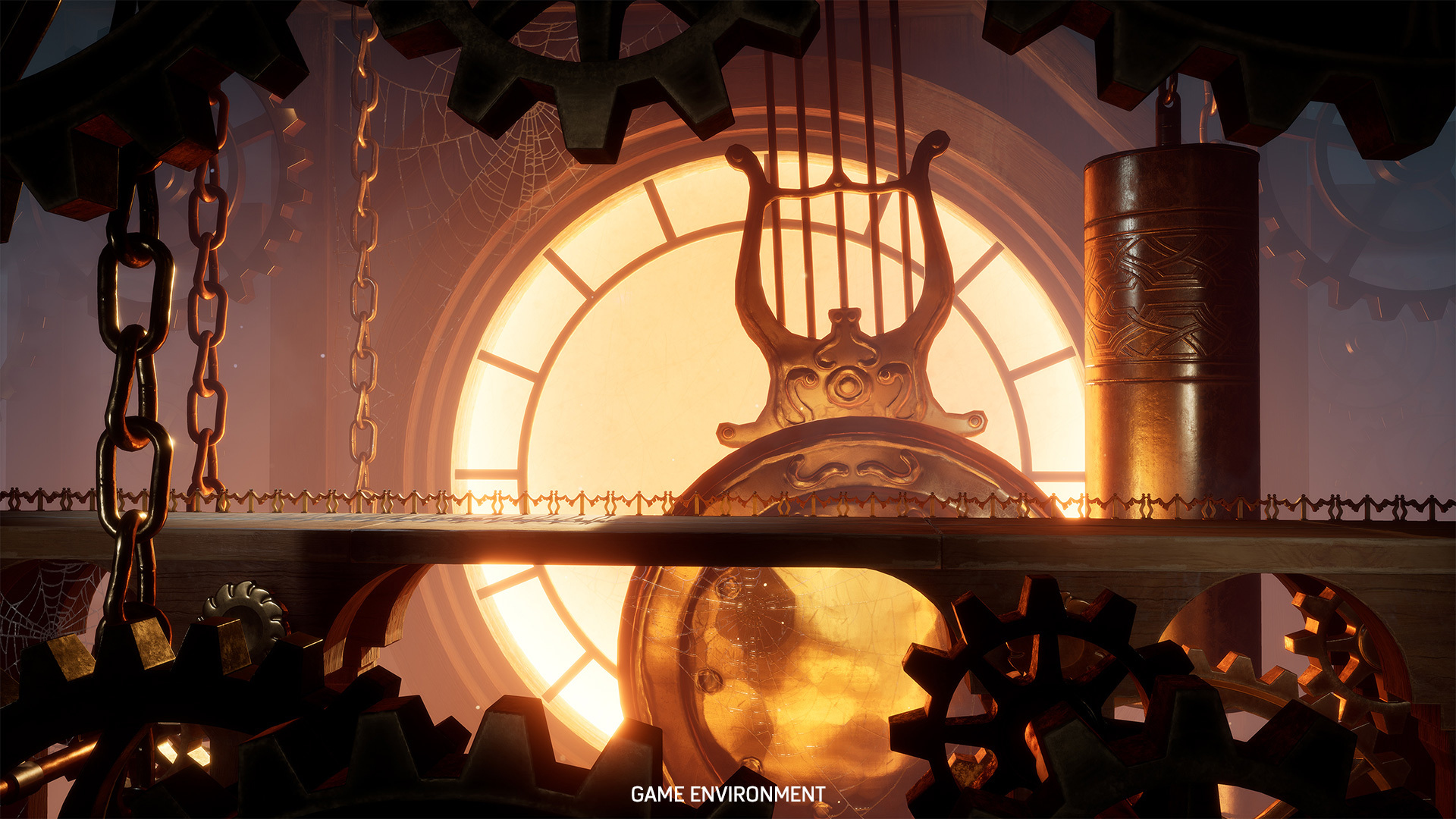 Środowisko gry o tematyce zegarowej z kołami zębatymi, łańcuchami i dużym zegarem.
