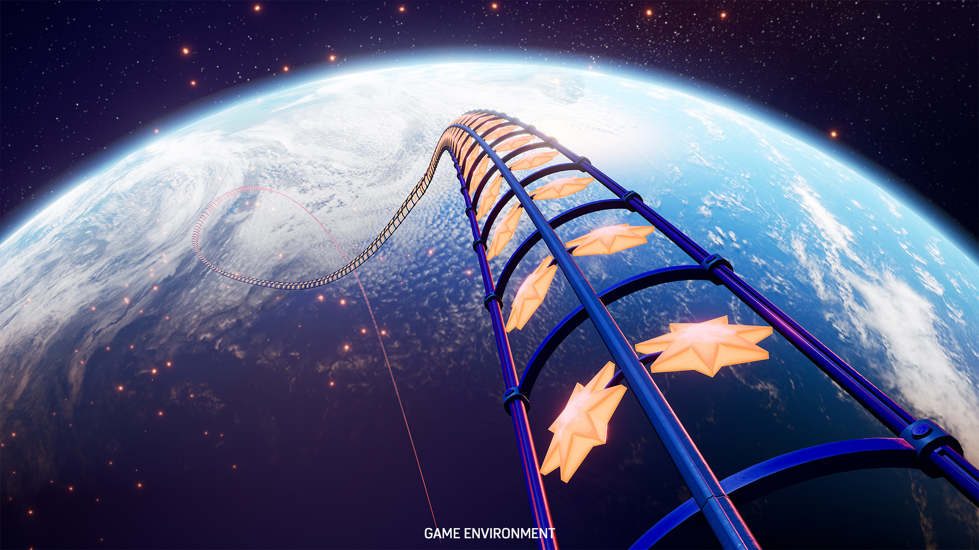 Futurystyczna przejażdżka kolejką górską w kosmosie, z gwiazdami i odległą planetą.