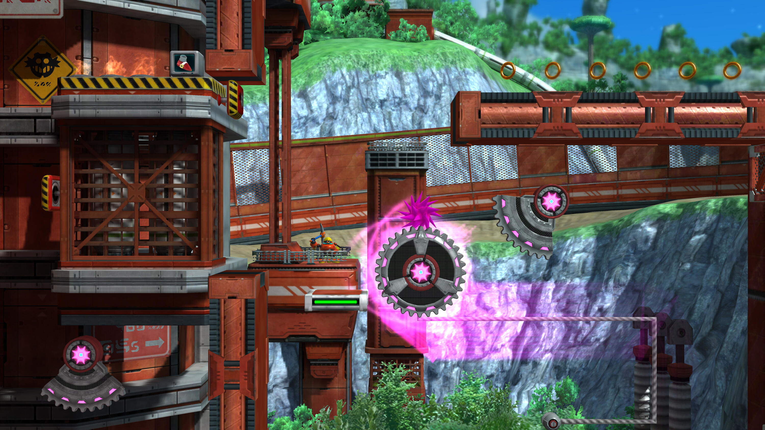 Scena z gry z czerwonym otoczeniem przemysłowym i elementami mechanicznymi.