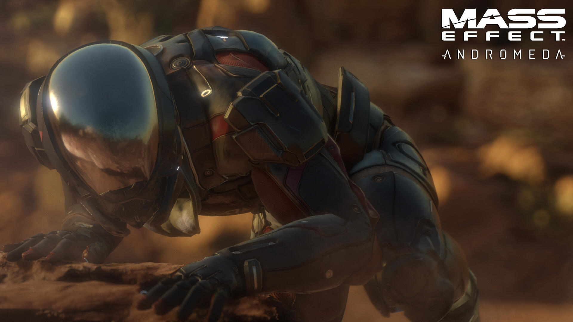 Un personaggio in tuta spaziale che striscia su una superficie planetaria, il gioco Mass Effect Andromeda.