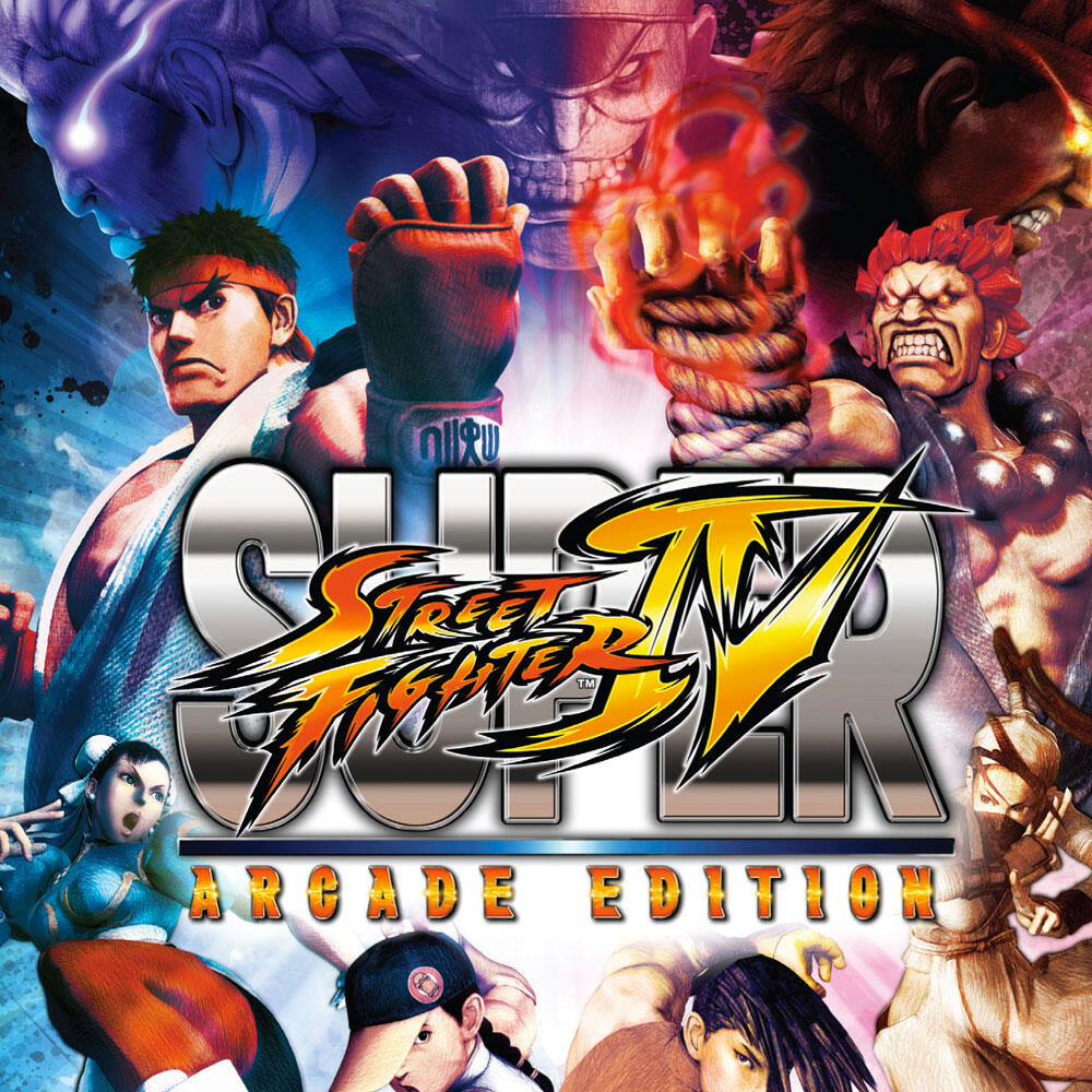 Okładka gry Super Street Fighter IV Arcade Edition z walczącymi postaciami, logo i tytułem.