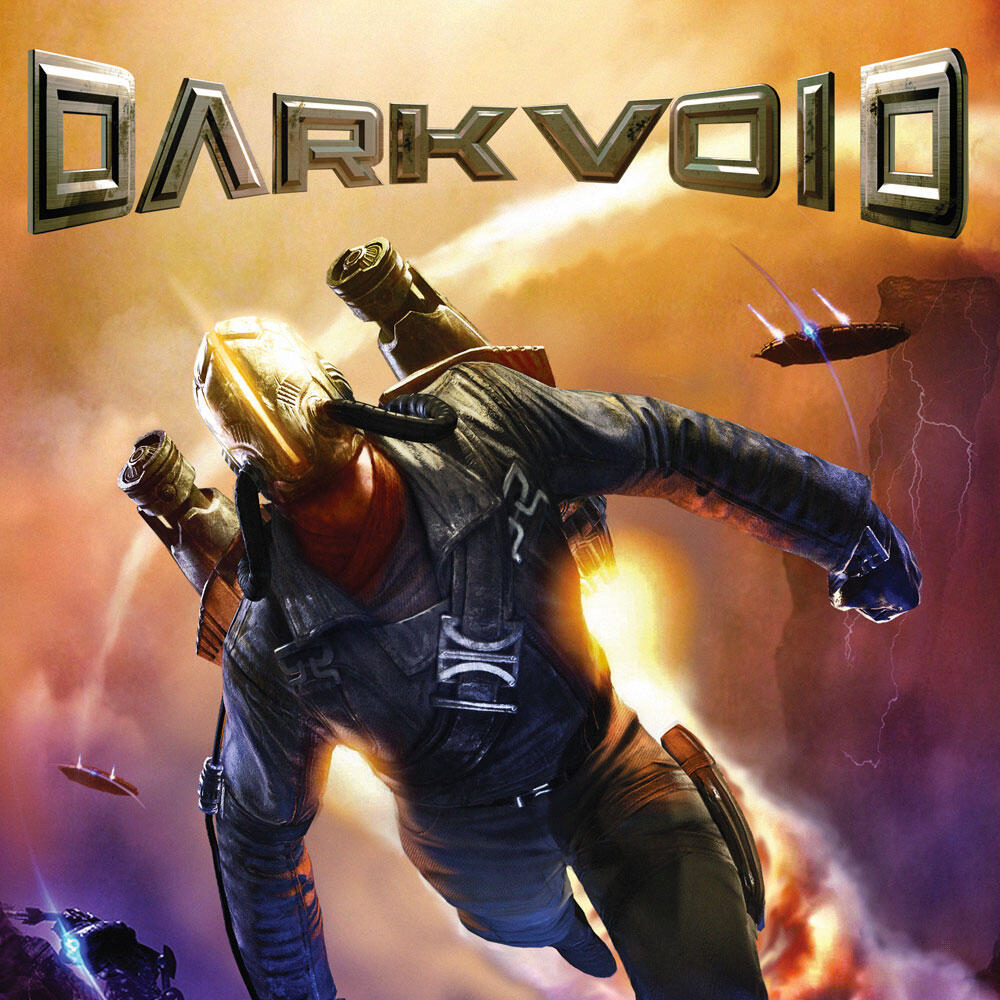 Copertina del gioco Dark Void. Un uomo in un jetpack vola con un'arma, con astronavi sullo sfondo.