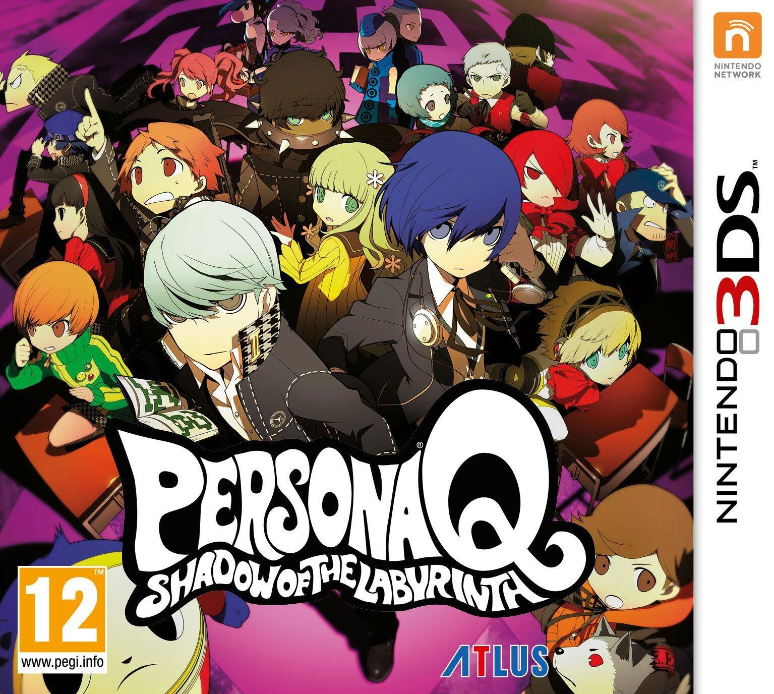 Okładka gry z wieloma postaciami w stylu anime, tytułem 'Persona Q' i logo Nintendo 3DS.