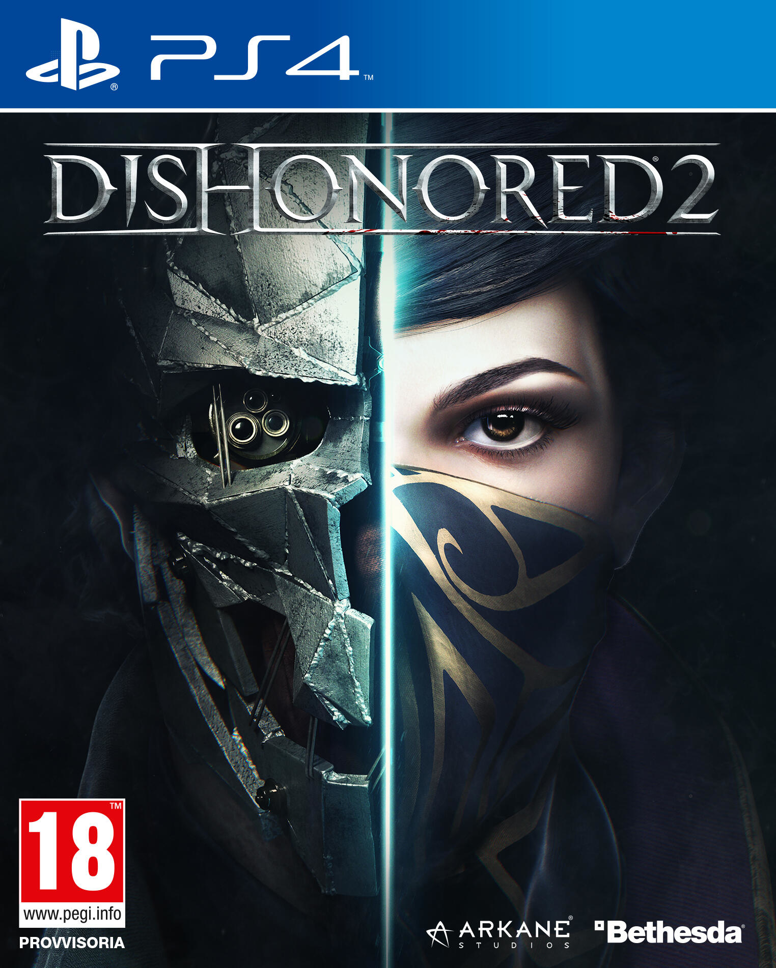 Okładka gry Dishonored 2. Twarz podzielona, pokazująca zamaskowaną postać i twarz kobiety. Mroczna, stylizowana grafika.