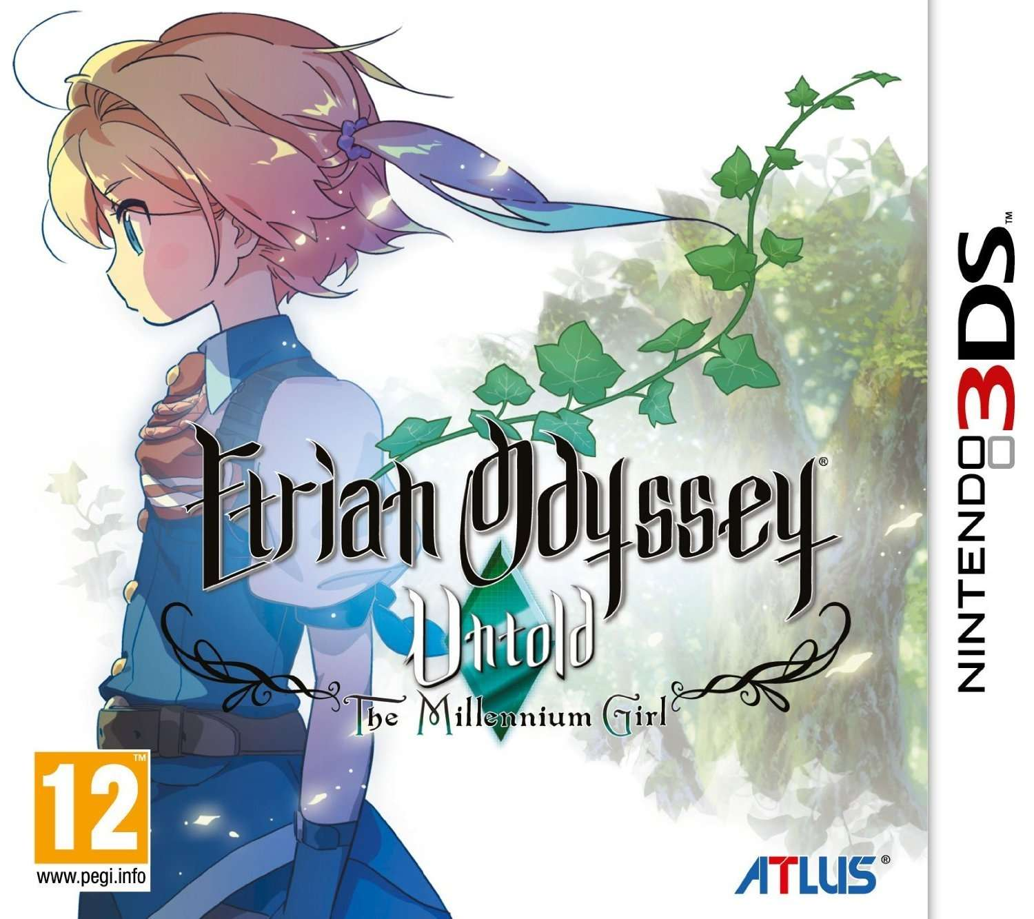 Okładka gry: Dziewczyna w niebieskim stroju. Tytuł: Etrian Odyssey Untold. Logo 3DS.