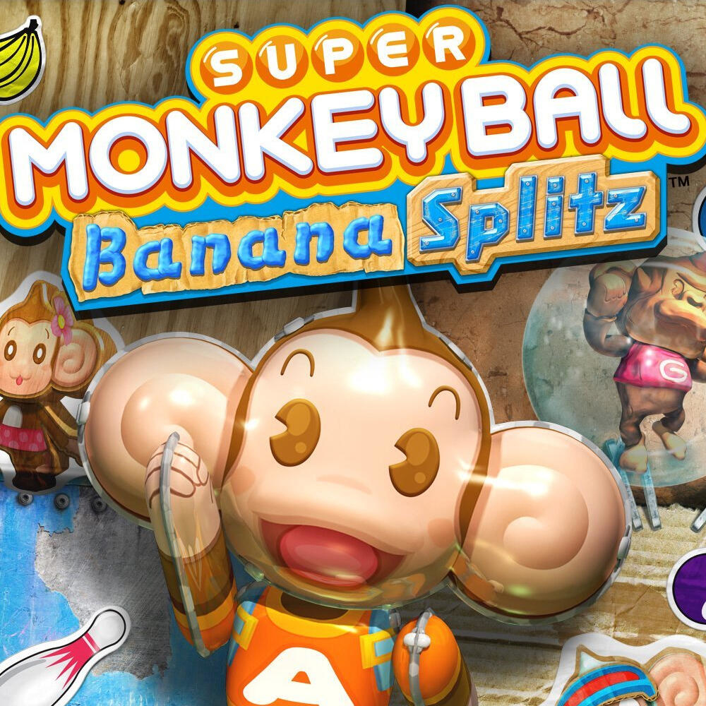Super Monkey Ball Banana Splitz-Spielcover. Ein Affe in Orange hält eine Banane. Andere Affen im Hintergrund.