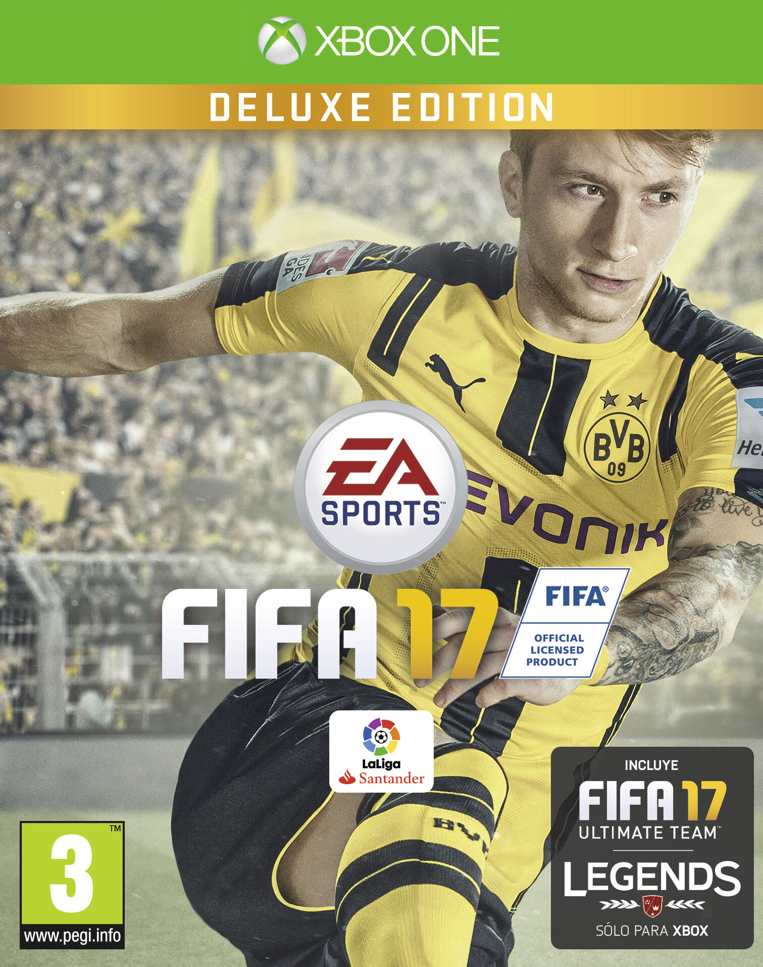 Okładka gry FIFA 17 z piłkarzem w żółtej koszulce i logo gry.