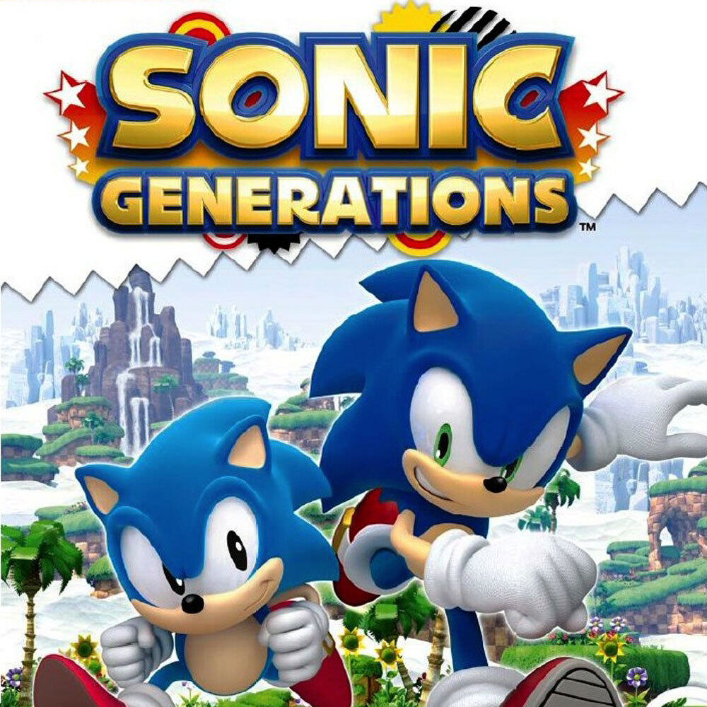Copertina del gioco Sonic Generations. Due personaggi di Sonic corrono in avanti. Sfondo luminoso con il logo in alto.