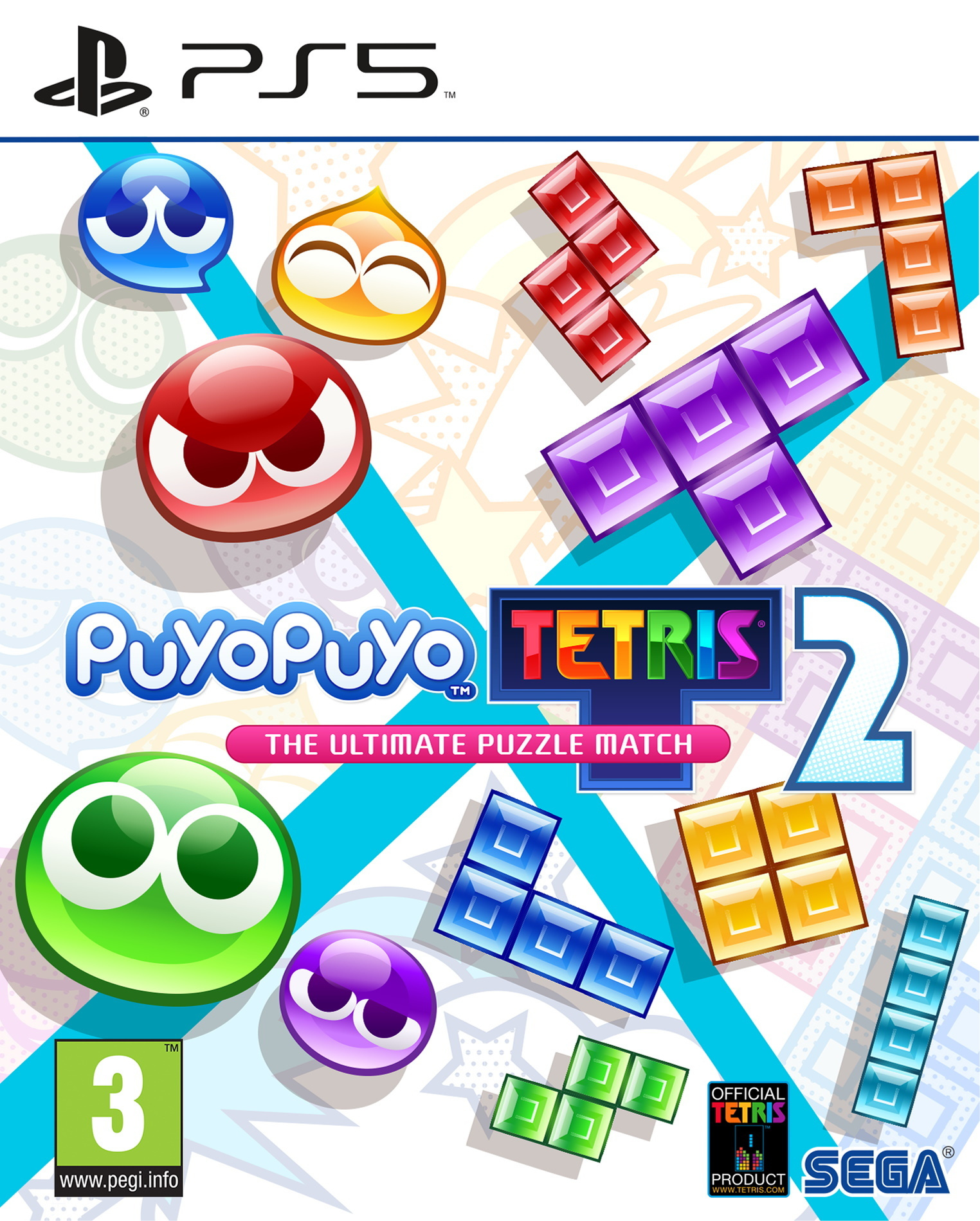 Okładka gry Puyo Puyo Tetris 2. Kolorowe bloki i postacie na białym tle. Logo PS5.