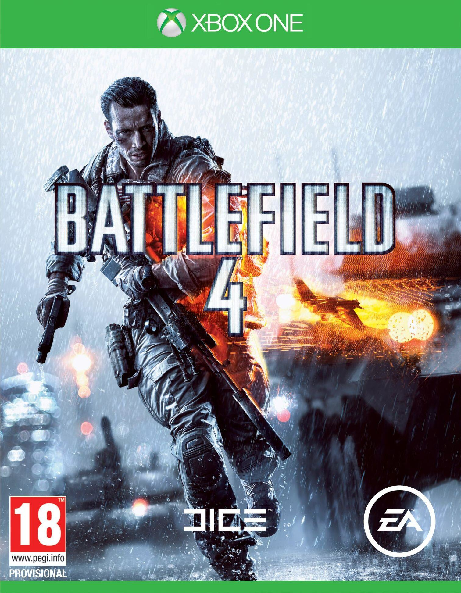 Okładka gry Battlefield 4. Żołnierz biegnie w deszczu z bronią i eksplozjami w tle.