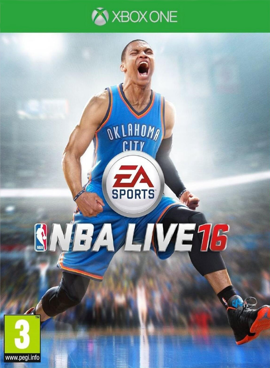Okładka gry NBA Live 16. Koszykarz skacze i krzyczy, z logo gry.