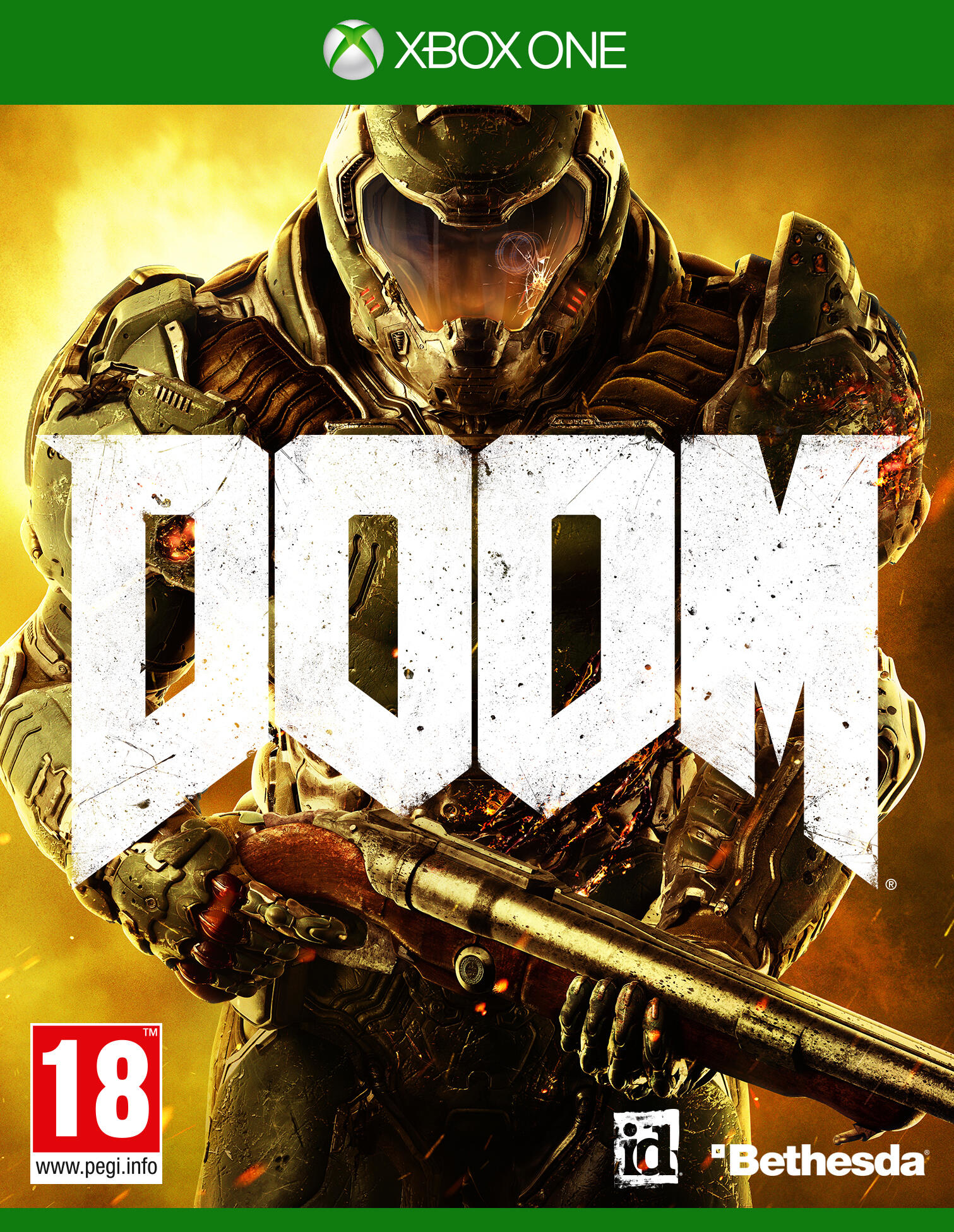 Copertina del gioco Doom. Una figura in armatura tiene un fucile con uno sfondo infuocato e il titolo del gioco.