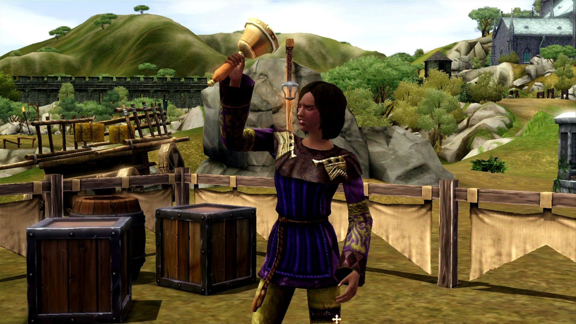 Postać trzymająca dzwon, z drewnianymi beczkami i budynkiem w tle.