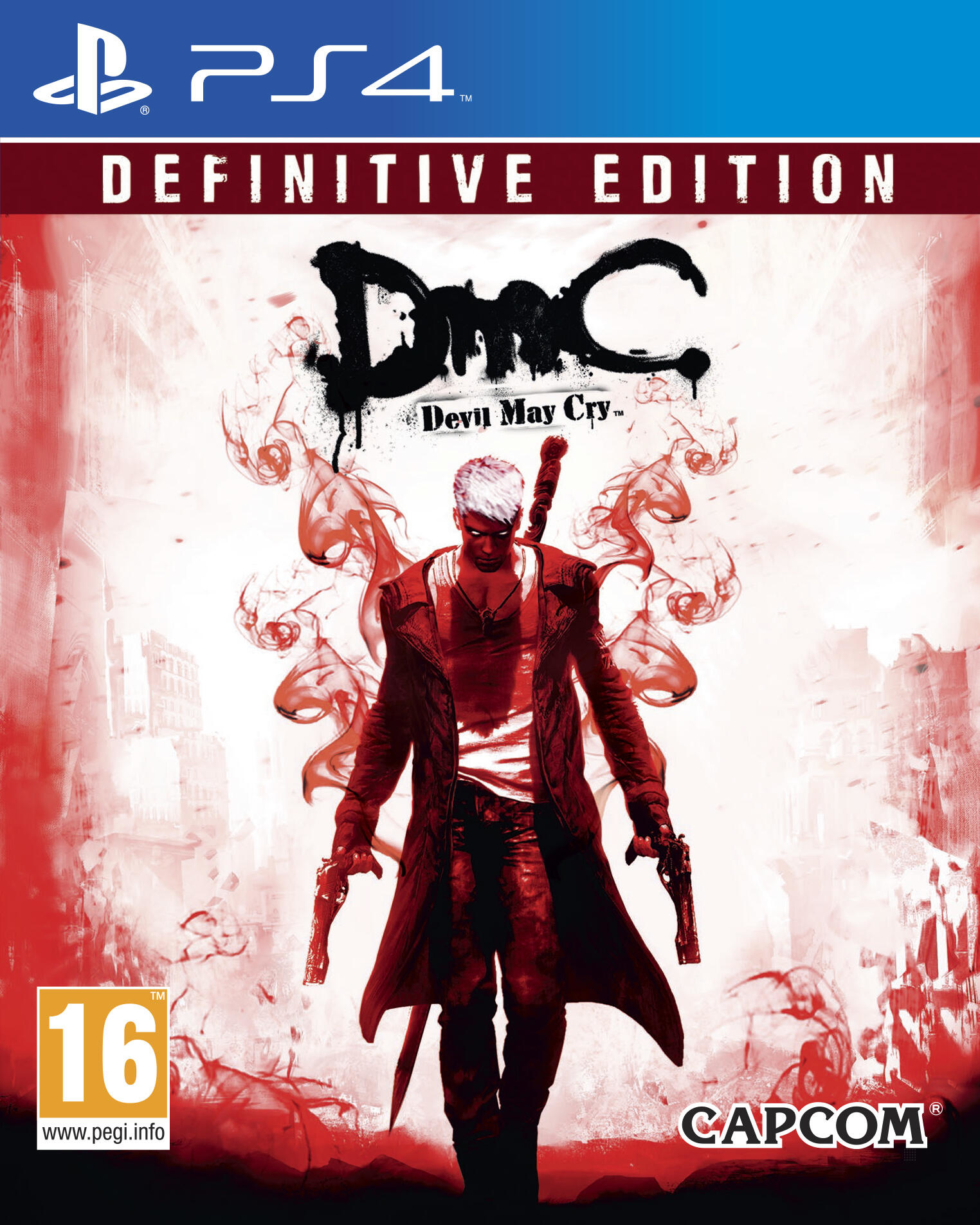 Portada del juego con un personaje sosteniendo armas. Título: DmC Devil May Cry.