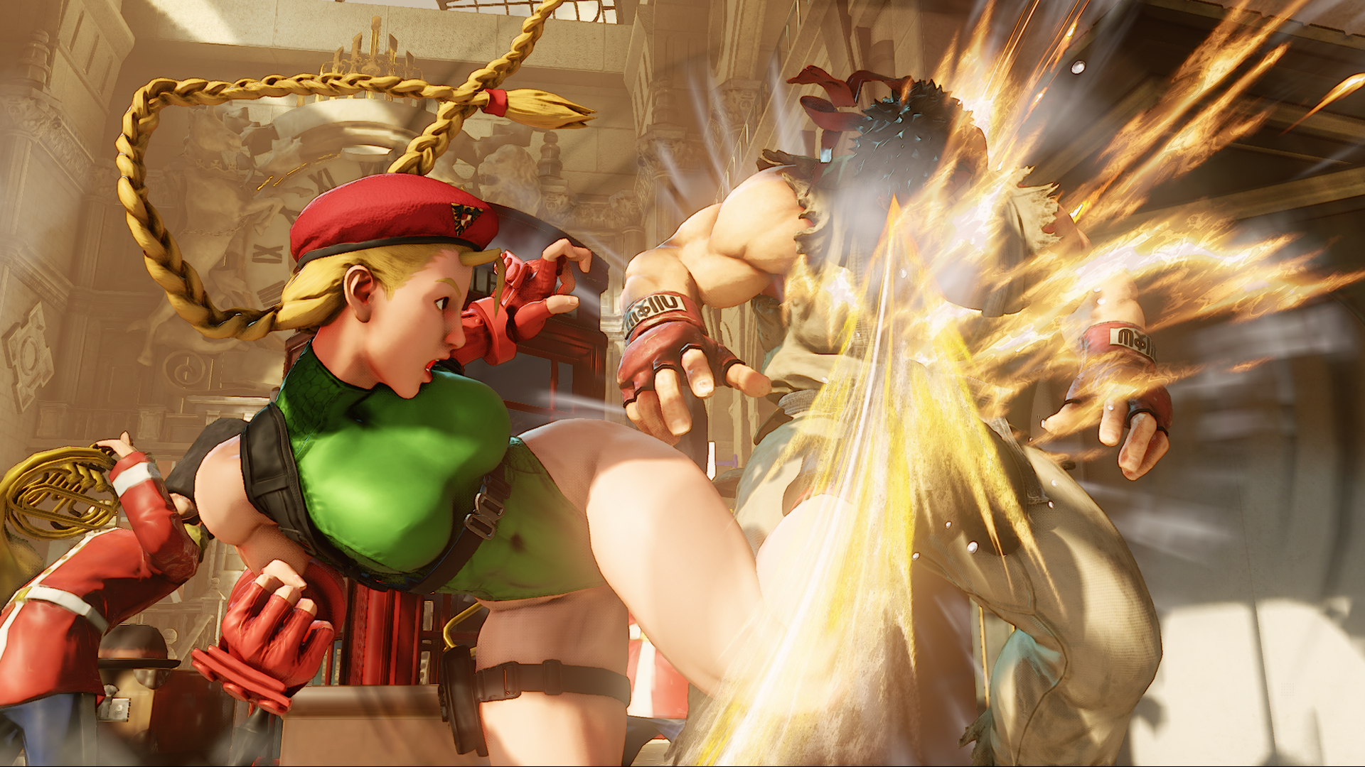 Scena z gry: Dwóch wojowników. Jeden kopie drugiego. Tytuł: Street Fighter V.