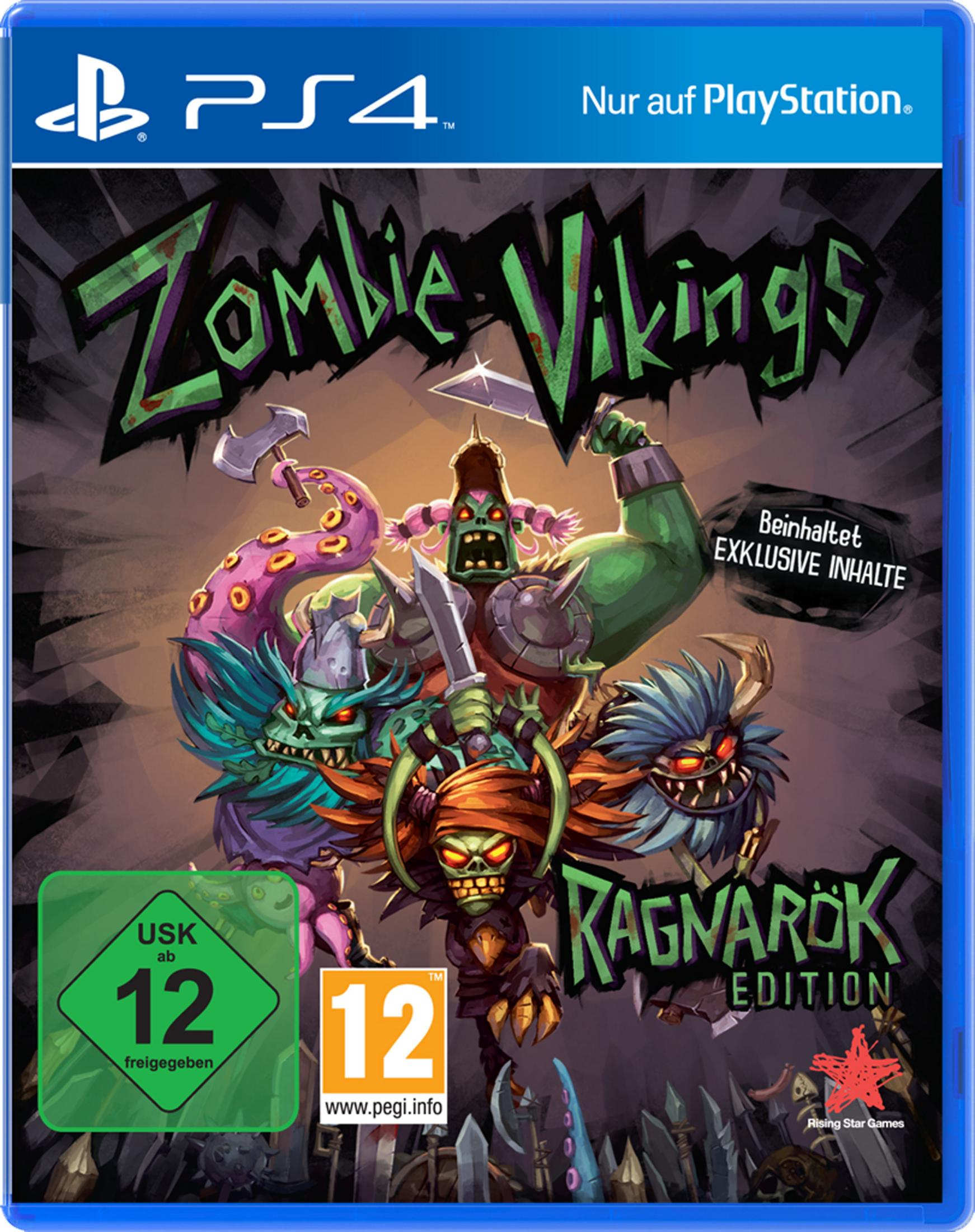 Zombie Vikings: Ragnarök Edition Spielcover. Zombies, Äxte und ein stilisiertes, farbenfrohes Design.