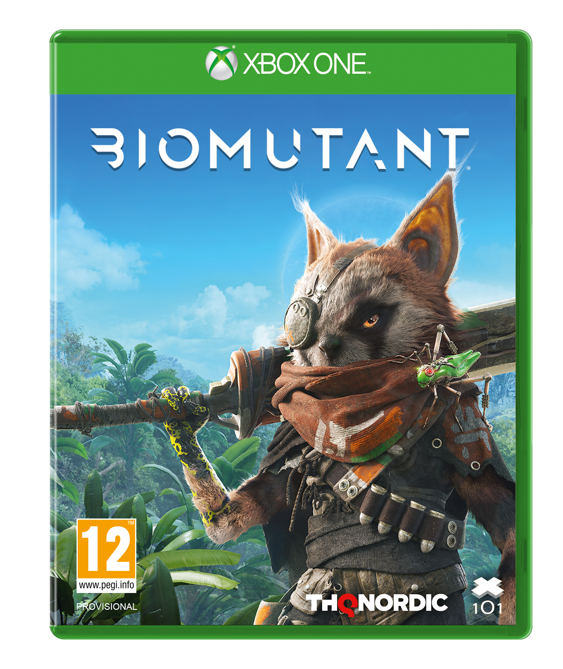 Okładka gry: Biomutant. Postać podobna do szopa trzyma miecz. Tło przedstawia niebieskie niebo i zieloną roślinność.
