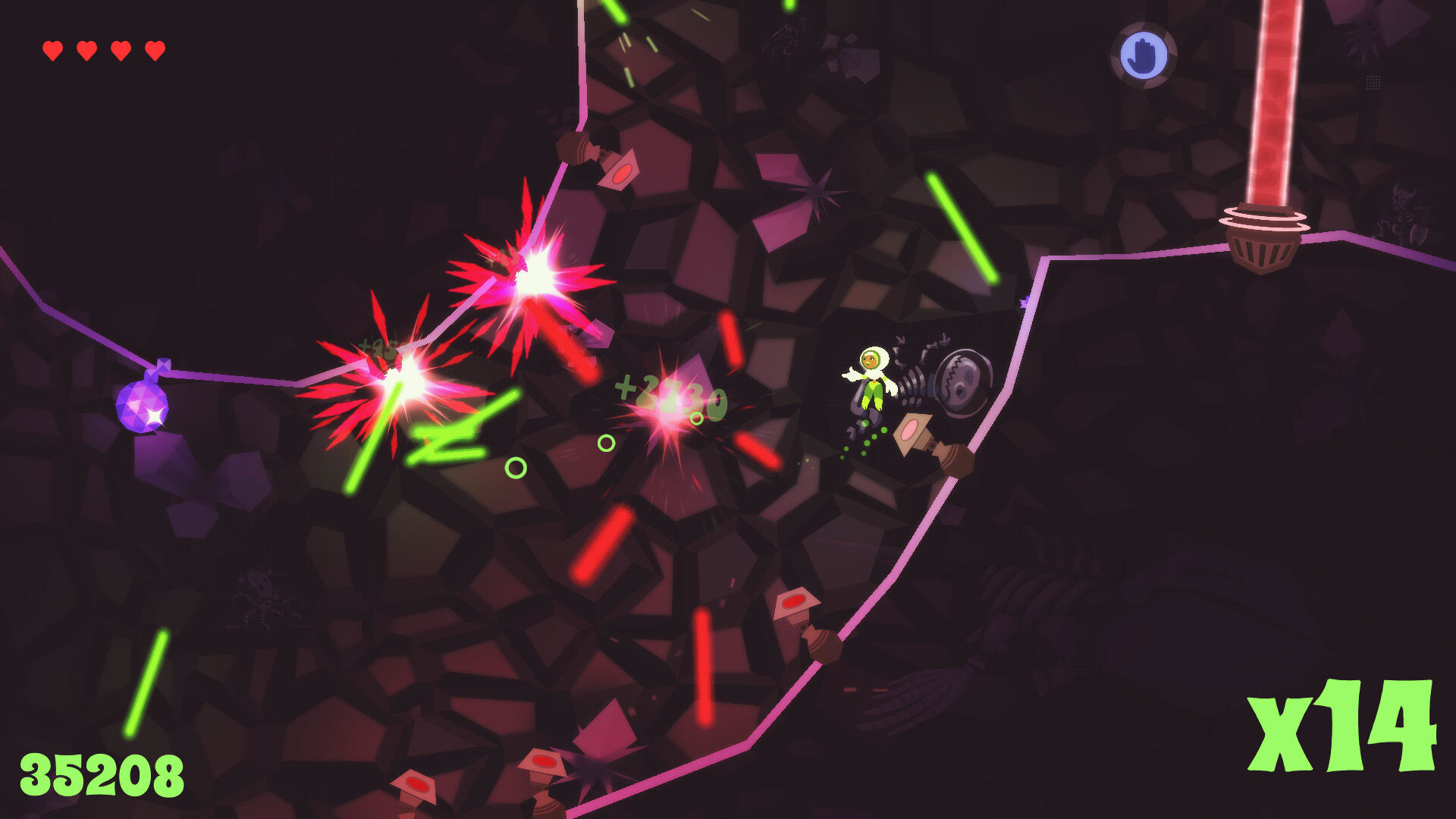 Escena del juego con un personaje verde disparando láseres en un entorno oscuro y geométrico.