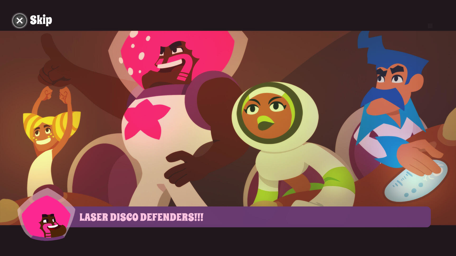 Escena del juego con cuatro personajes de estilo retro. Burbuja de texto que dice laser disco defenders.