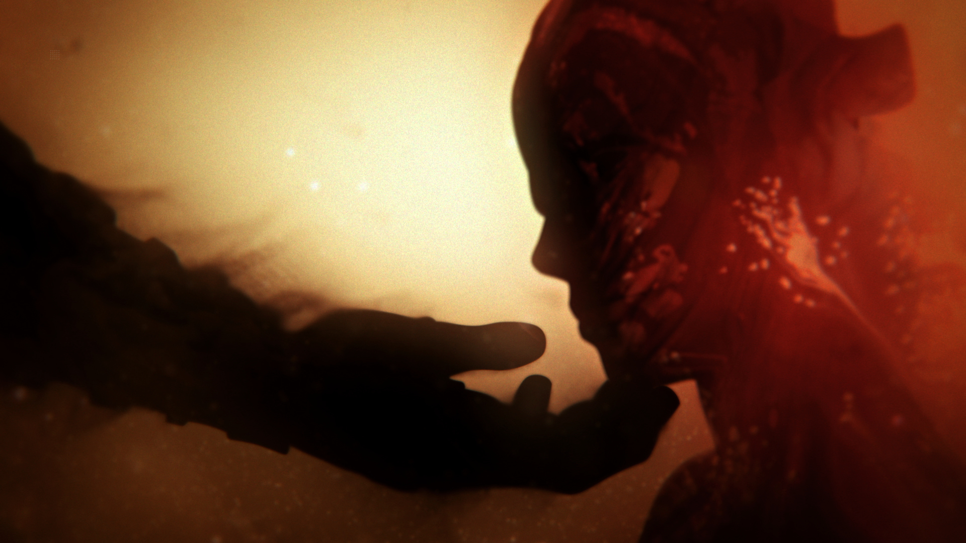 Dłoń dotyka twarzy osoby w ognistym otoczeniu. Osoba ma ciemną sylwetkę.