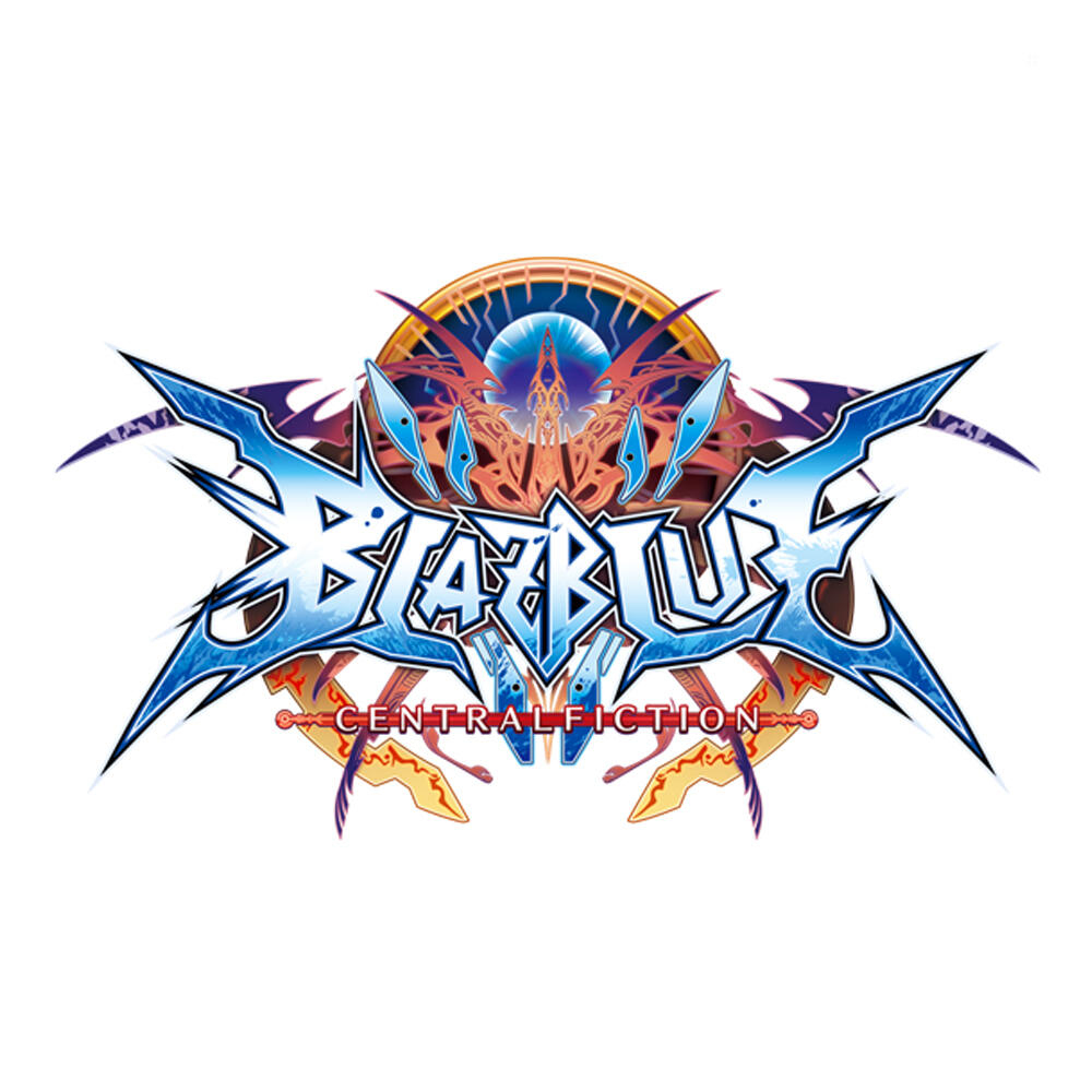 BlazBlue Centralfiction-Logo. Blauer und weißer Text mit stilisiertem Design, vor weißem Hintergrund.