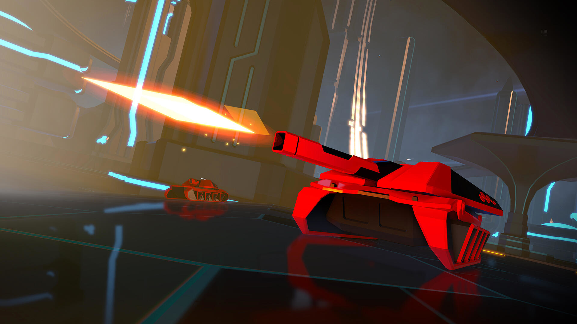 Un carro armato rosso spara un raggio laser in un ambiente futuristico. Un altro carro armato sullo sfondo.