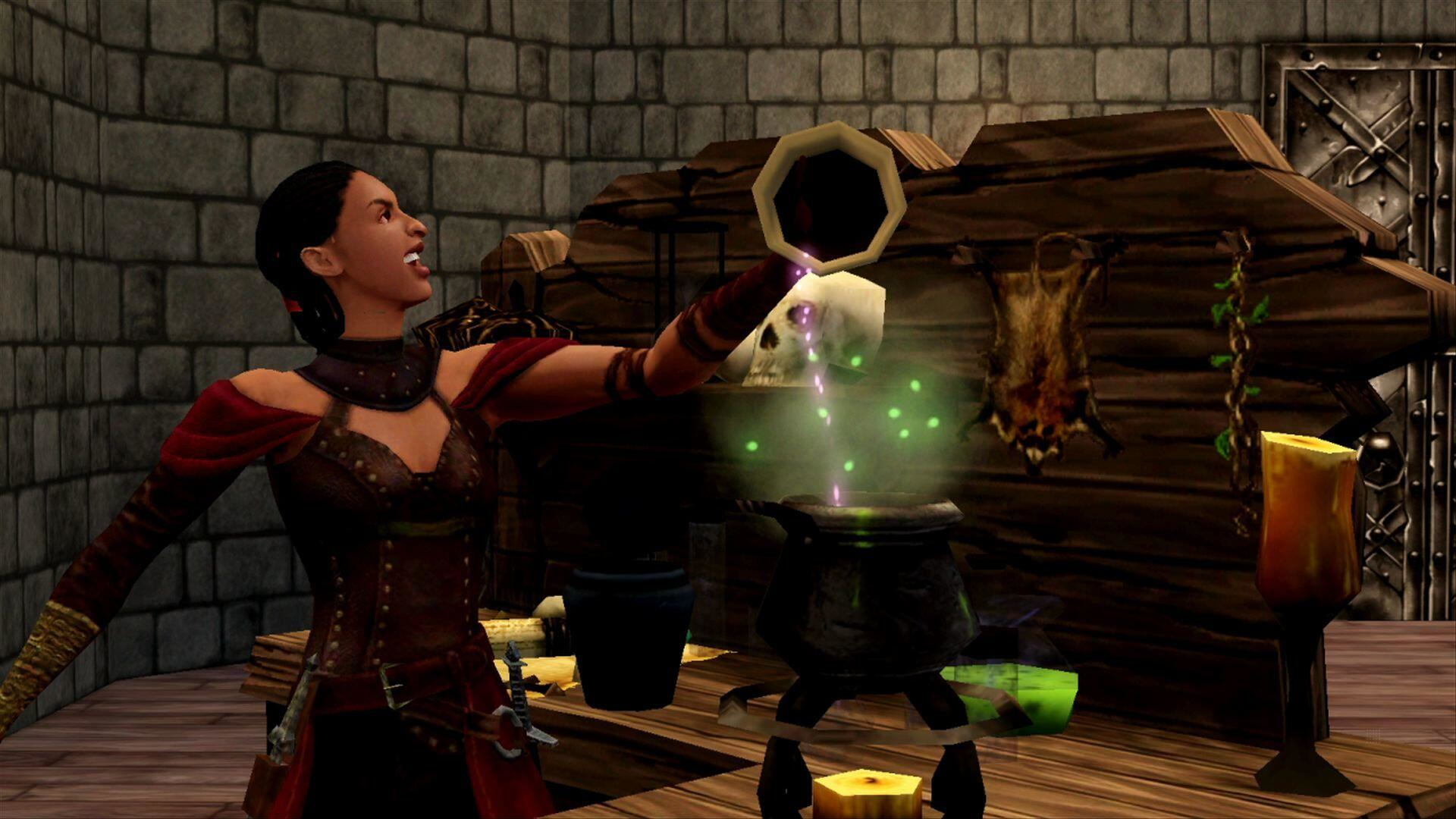 Kobieta w scenerii fantasy, wlewa płyn do kotła z unoszącym się zielonym dymem.