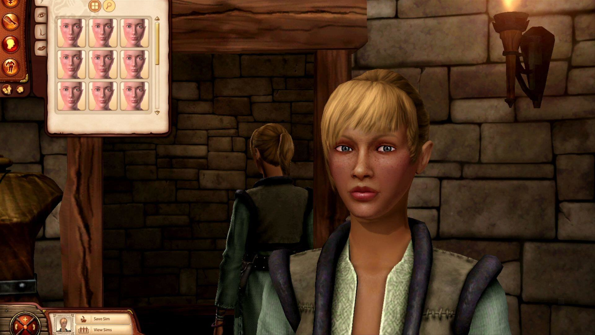 Ekran personalizacji postaci. Twarz kobiety z różnymi odcieniami skóry. Drewniane wnętrze.