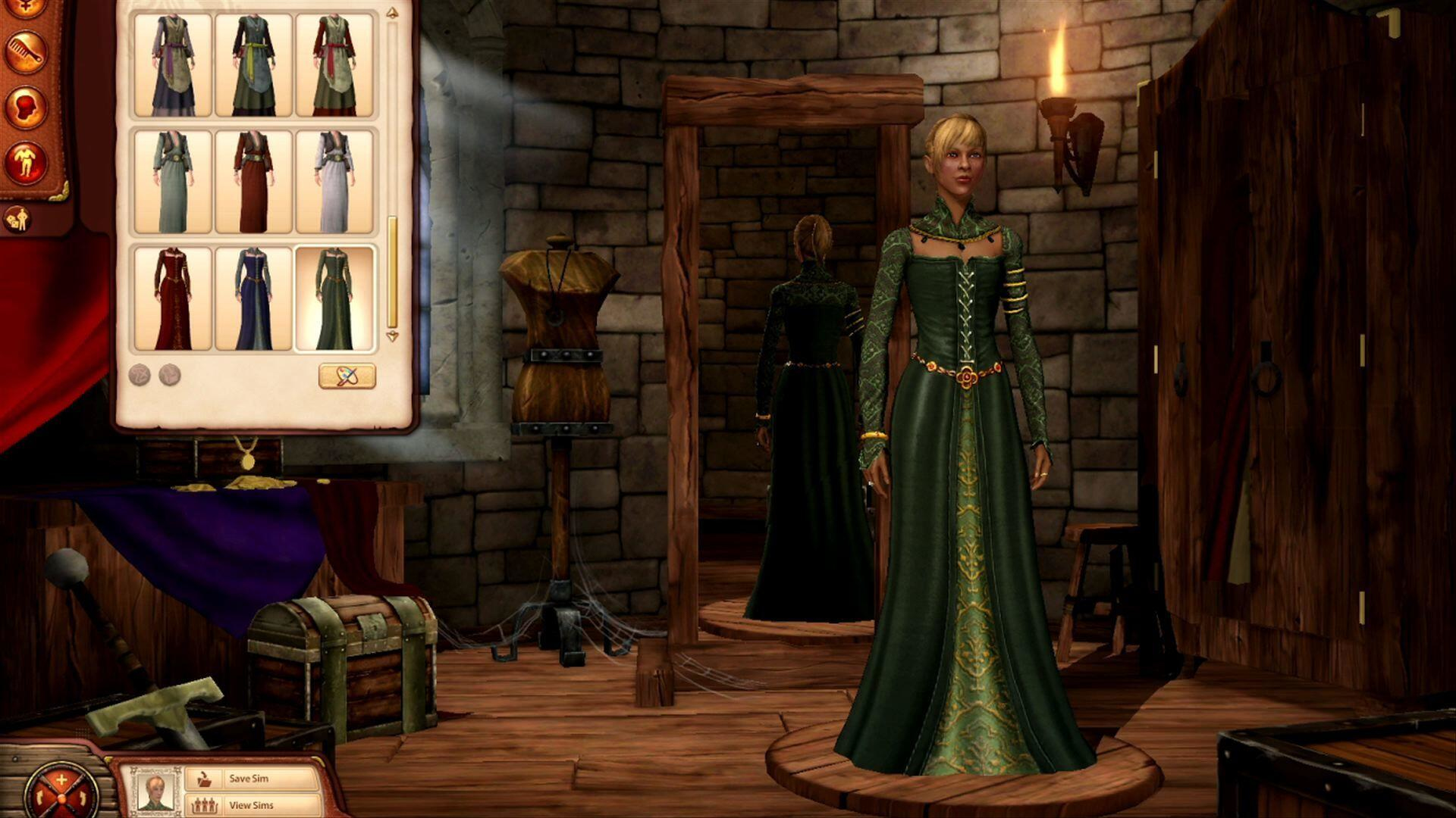 Kobieta w zielonej sukni w średniowiecznym pokoju, patrząca w lustro, wybór sukni.