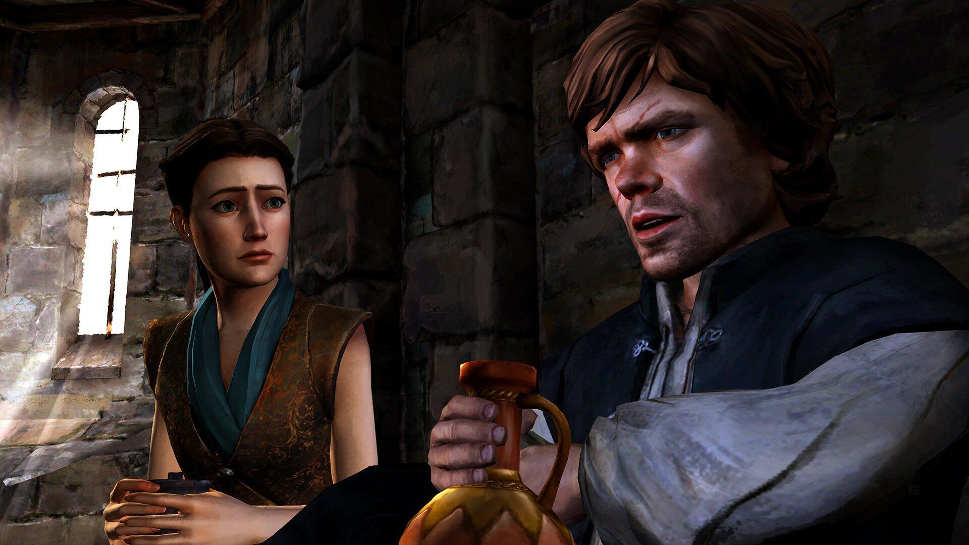 Una scena da Game of Thrones. I personaggi parlano in una stanza. Uno tiene un contenitore.