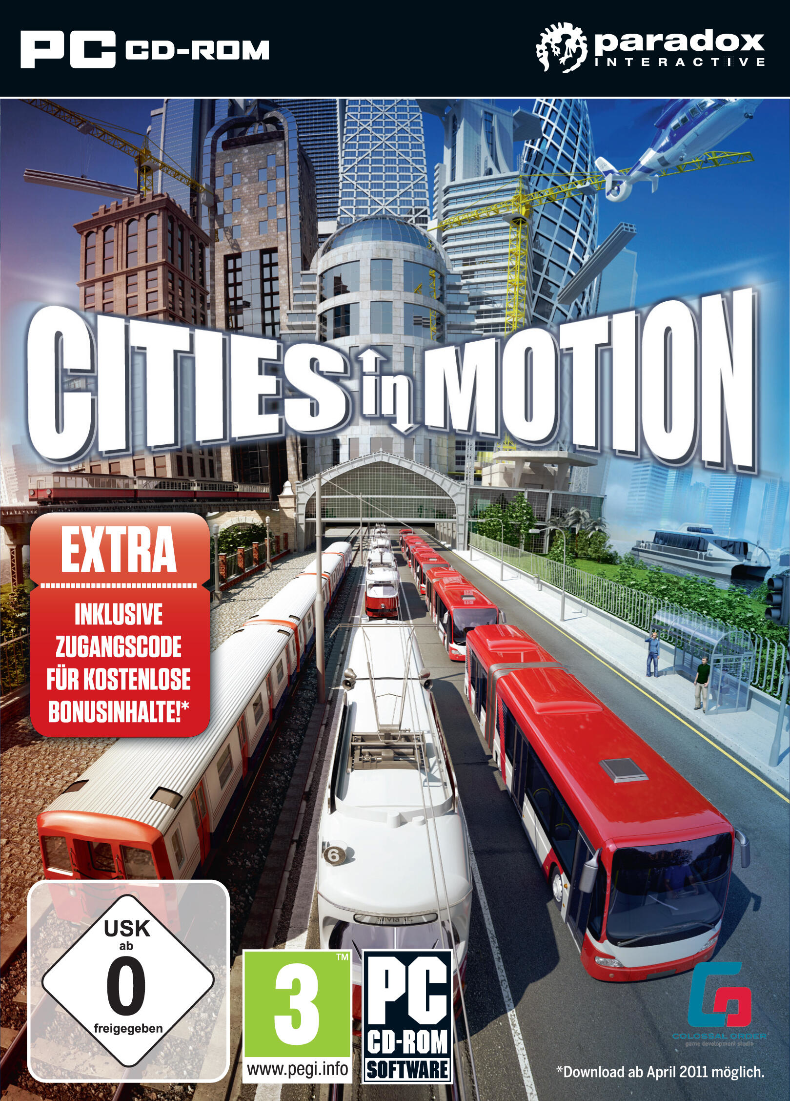 Okładka gry Cities in Motion z pojazdami, krajobrazem miejskim i informacjami o kodzie.