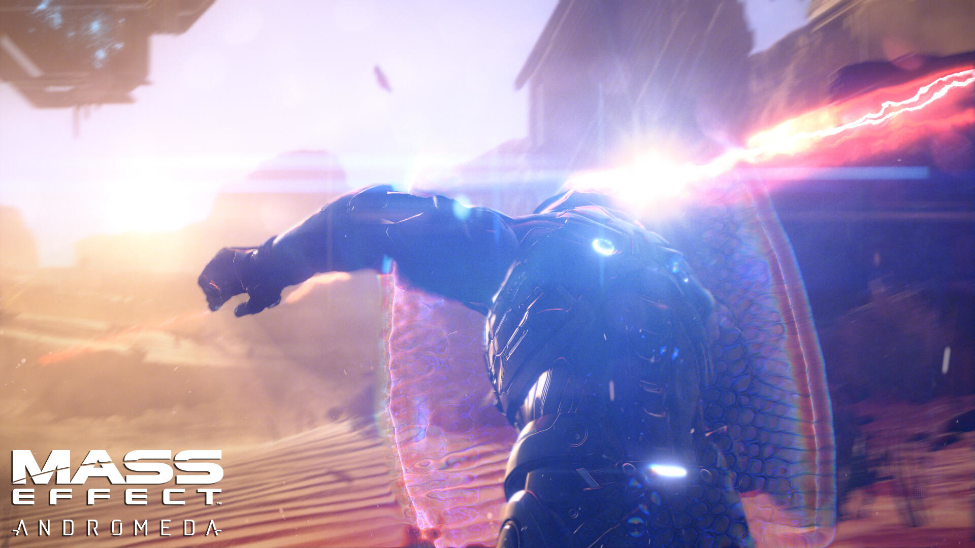 Mass Effect Andromeda: Eine Figur in Rüstung mit Lichteffekt. Hintergrund ist eine Wüstenlandschaft.