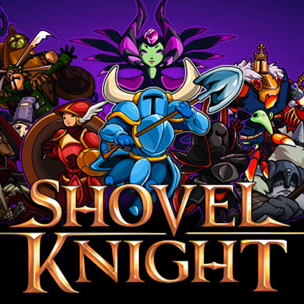 Shovel Knight Spielcover-Art mit einem blauen Ritter und verschiedenen anderen Charakteren.