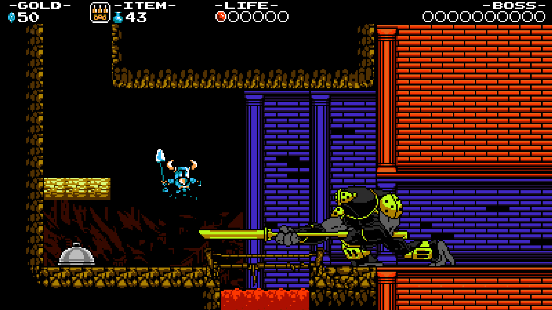 Pixelige Spielszene. Ein Ritter springt auf einen Robotergegner zu, eine Plattform und Lava befinden sich in einer Burg.