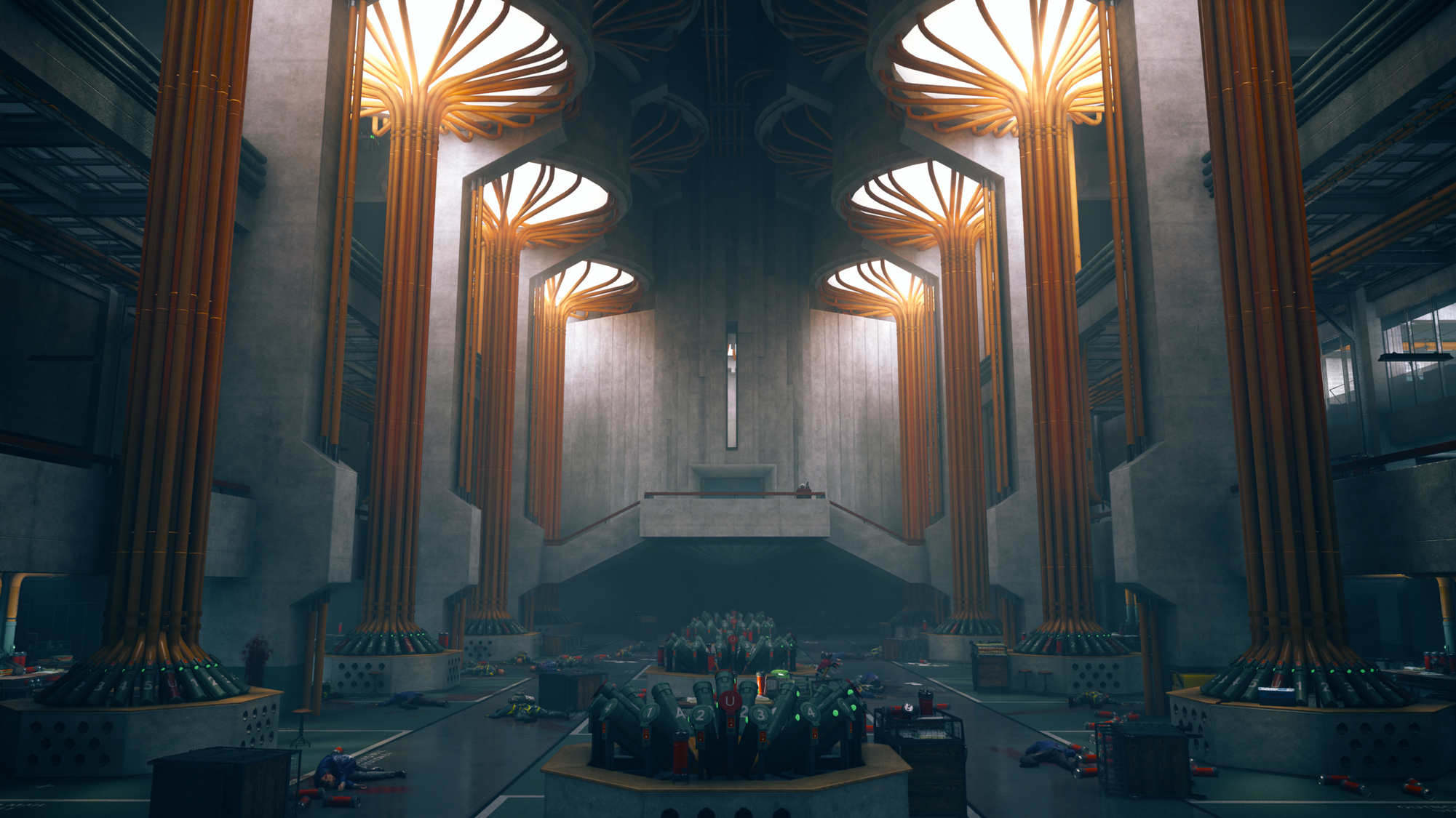 Scena wewnętrzna z długim korytarzem, z wieloma postaciami w tle i jasnym światłem.