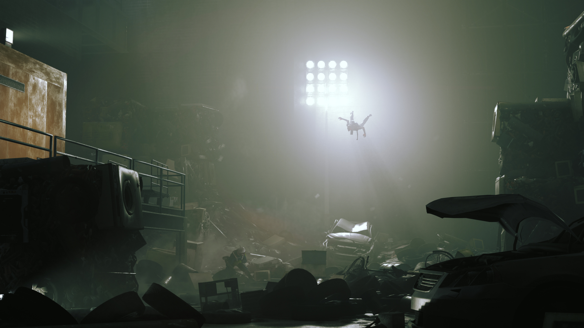Mroczna, przemysłowa scena z gruzem, postacią w powietrzu i jasnym reflektorem.