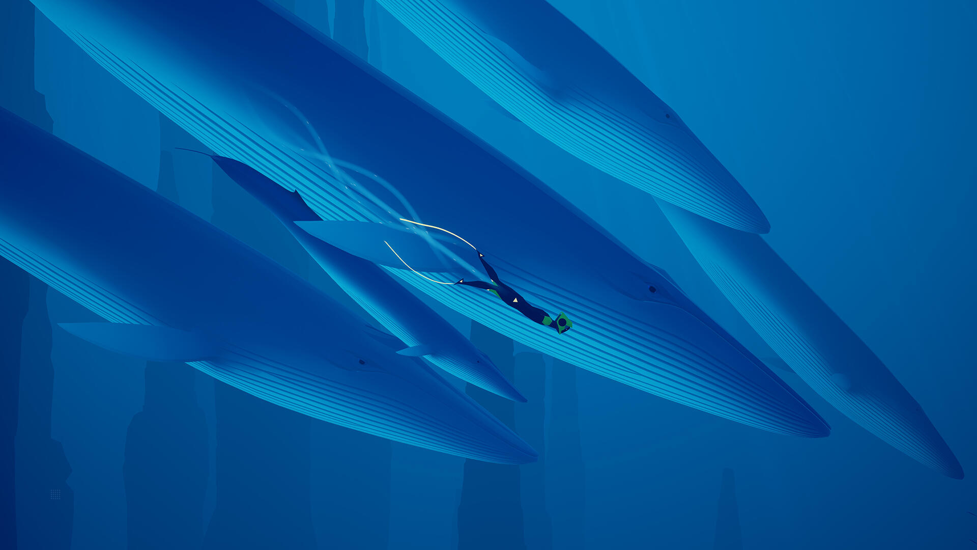 Ein Taucher schwimmt zwischen Walen in einem blauen Ozean, mit einem Taucher im Vordergrund.