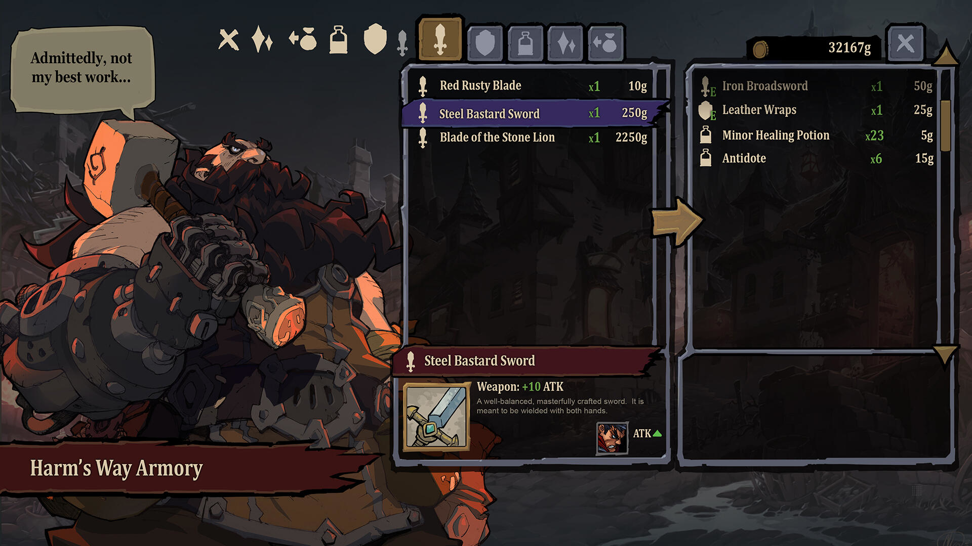 Interfejs gry pokazujący przedmioty, postać i podsumowanie statystyk broni w sklepie.