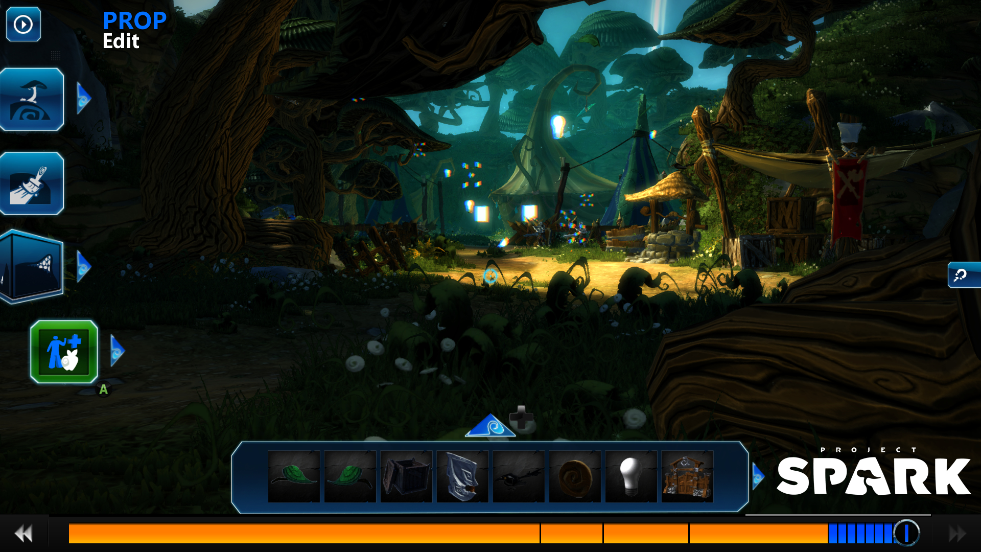 Edytor scen w grze. Scena zawiera drzewa, światła i kilka elementów interfejsu użytkownika.