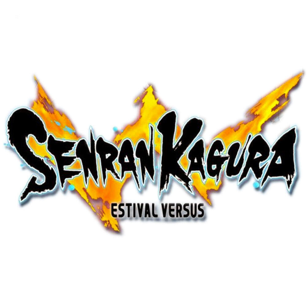 Senran Kagura Estival Versus Logo mit Feuer- und Wassereffekten, weißer Hintergrund.