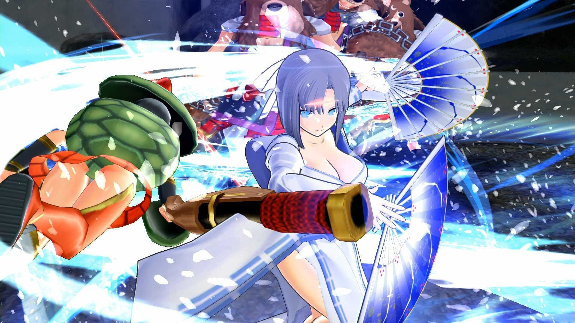 Senran Kagura Estival Versus Spiel mit einer weiblichen Figur, die einen Fächer und eine Waffe hält.