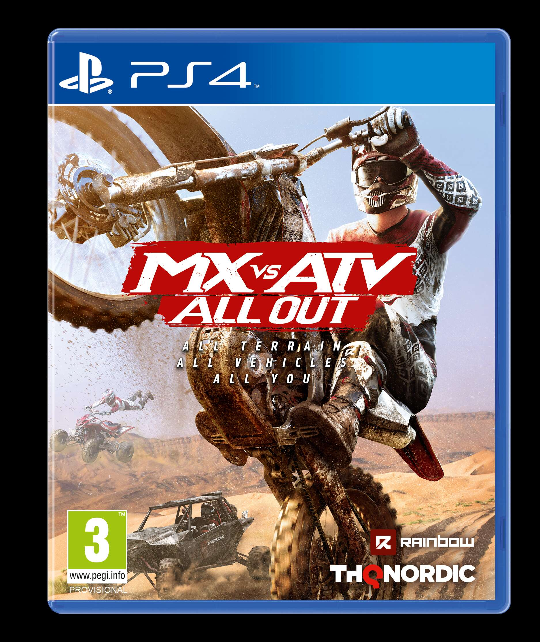Okładka gry MX vs ATV All Out. Jeździec na motocyklu terenowym skacze. Zawiera logo PS4.